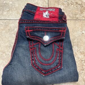 True Religion Men's Dark Blue Jeans with Red Stitching